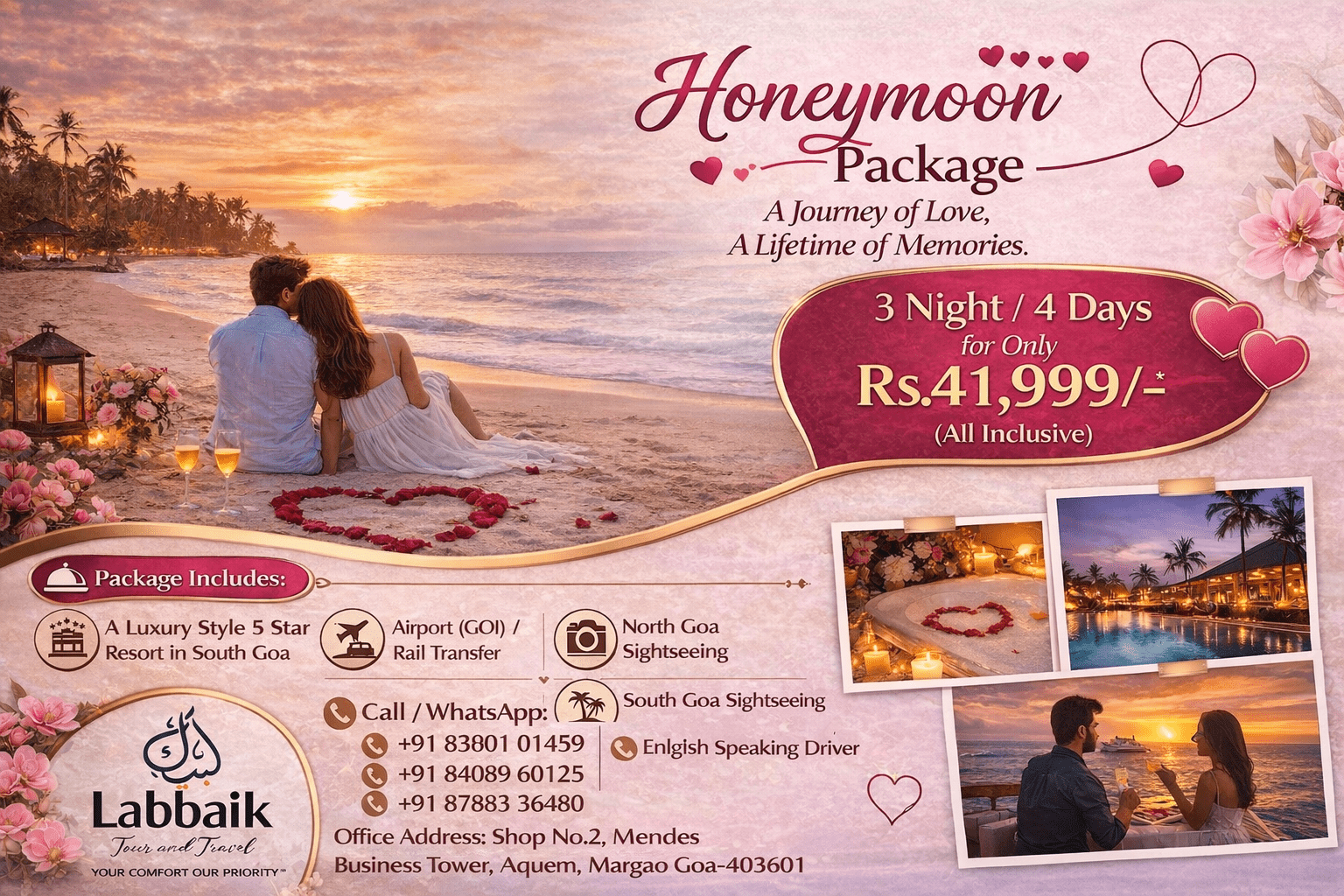 Escape into romance with our 5 Star Honeymoon Package in Goa with LABBAIK TOUR & TRAVEL 🌴✨ Where every sunset feels special and every moment becomes a memory ❤️ 💖 Love, Luxury & Sunset Views Await You 💖